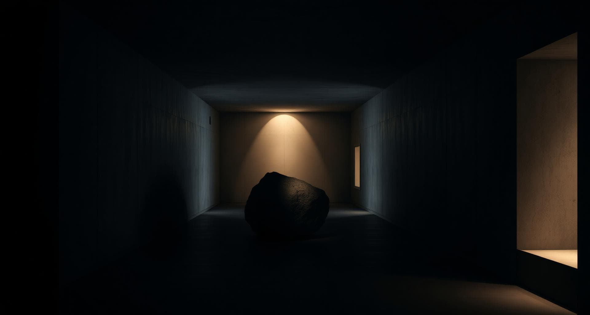 ONEUM Experience — illuminated stone in concrete corridor