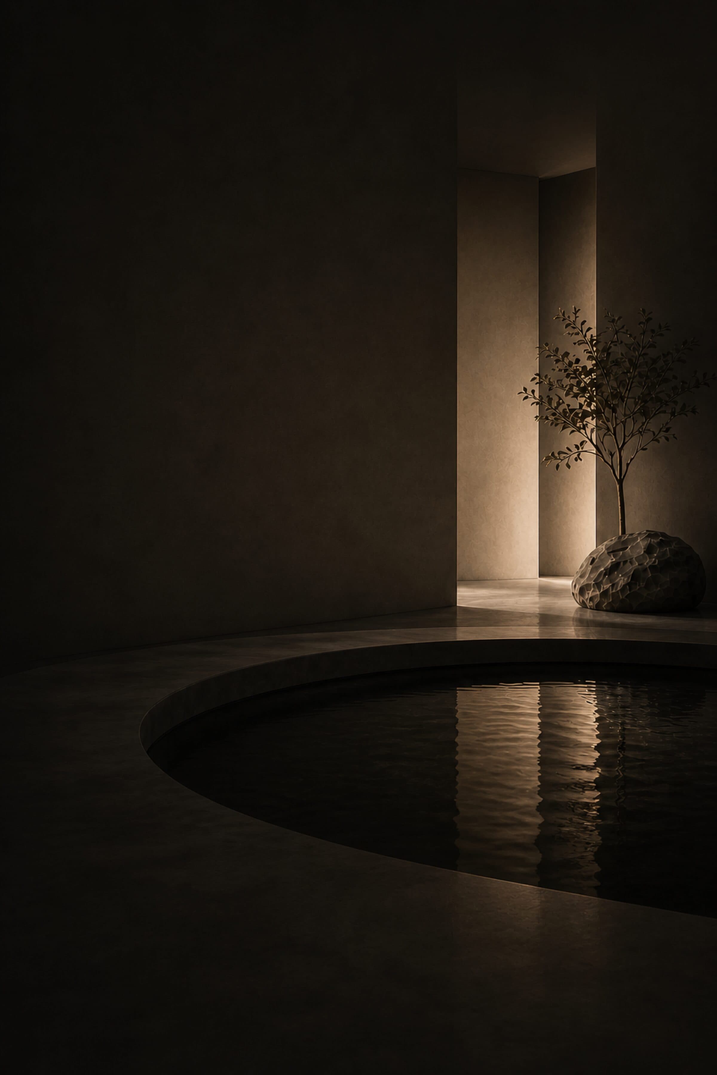A quiet dark space with an olive tree in a carved stone basin and a still pool of water
