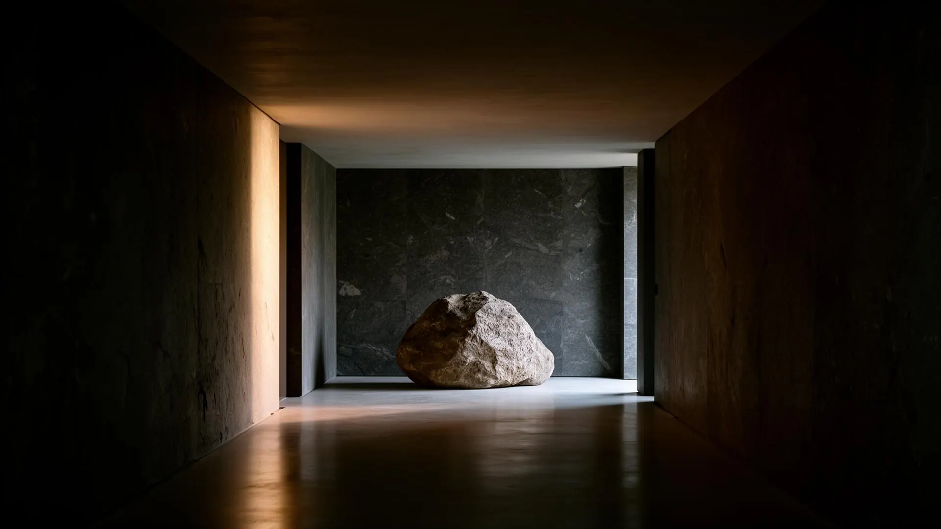 A dim corridor with a single stone, lit by indirect warm light.
